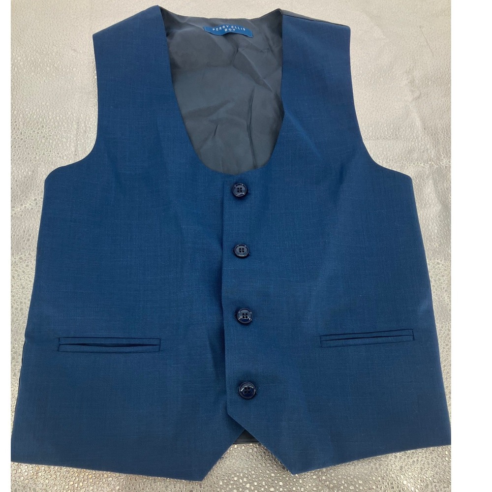 Perry Ellis Boys Suit Vest Navy Blue Formal Wedding Dress Waistcoat Size 10/12
